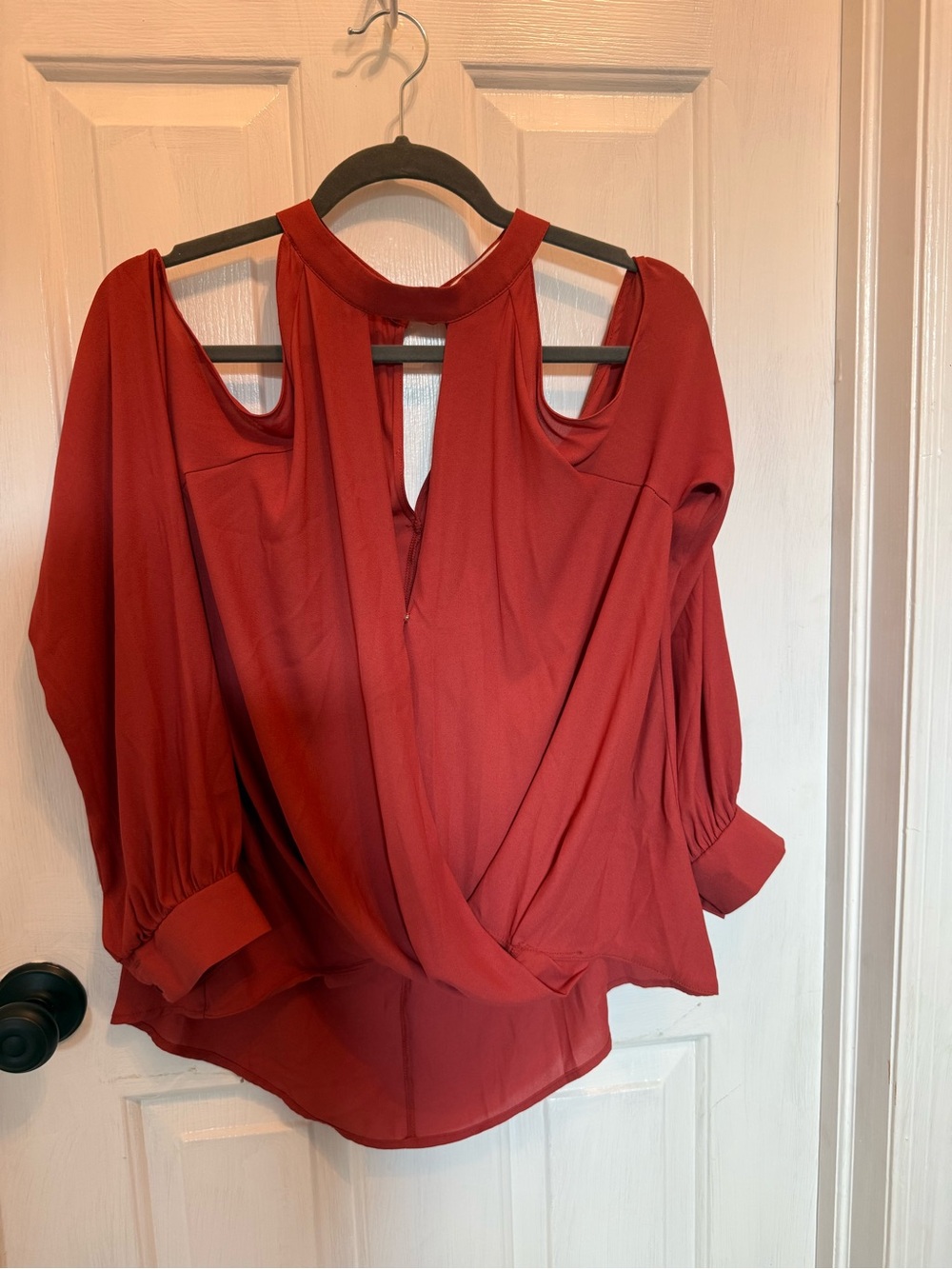 Womens Red Cold-Shoulder Wrap Blouse